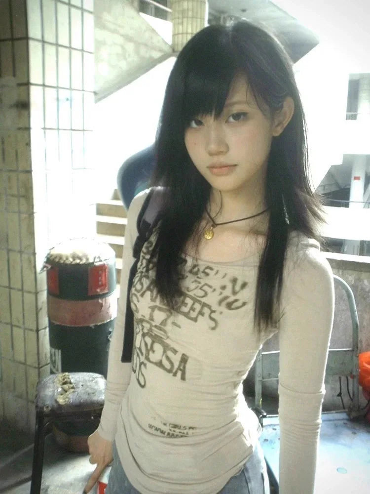 Japanese Trashy Letter Long-Sleeve Tee