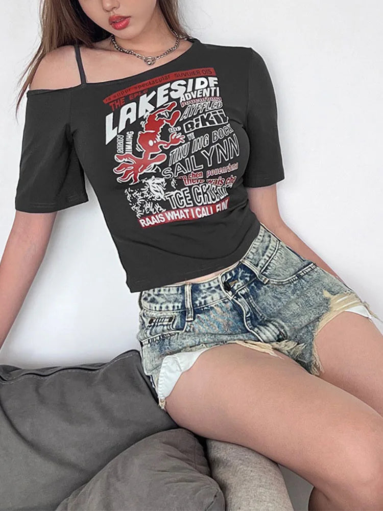 Gothic Y2K Off-Shoulder Crop Tee