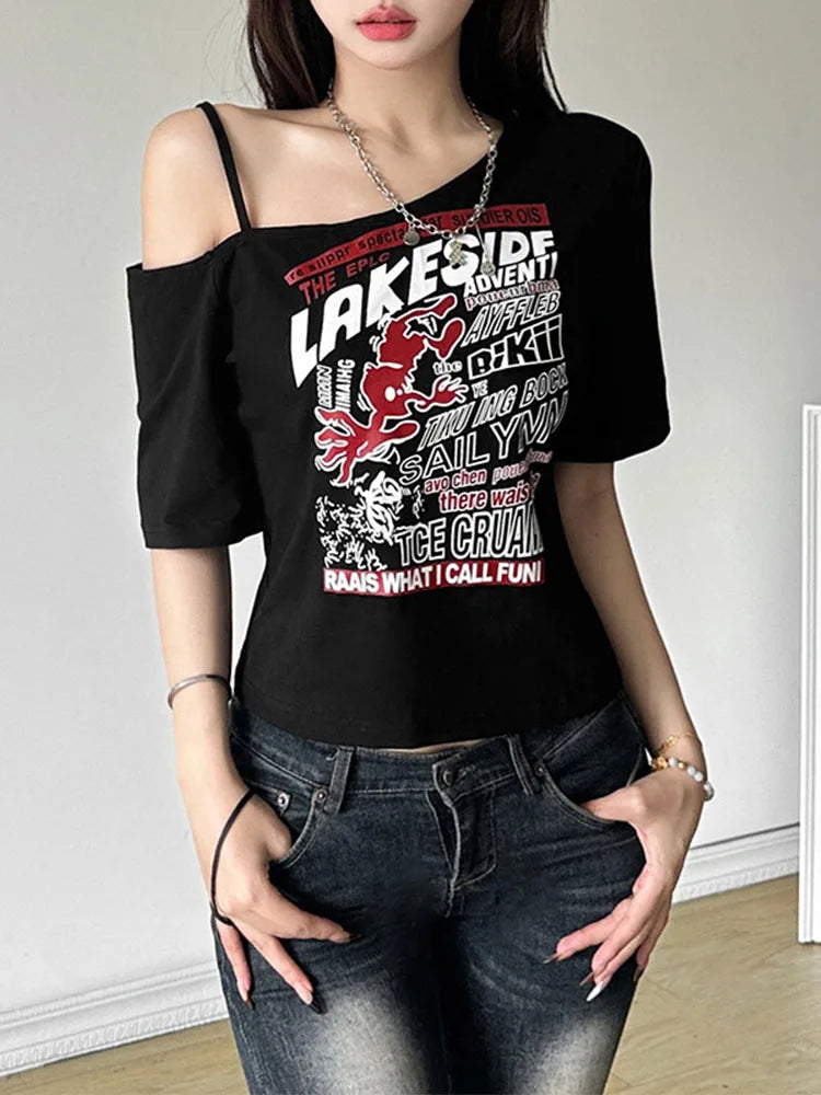 Gothic Y2K Off-Shoulder Crop Tee