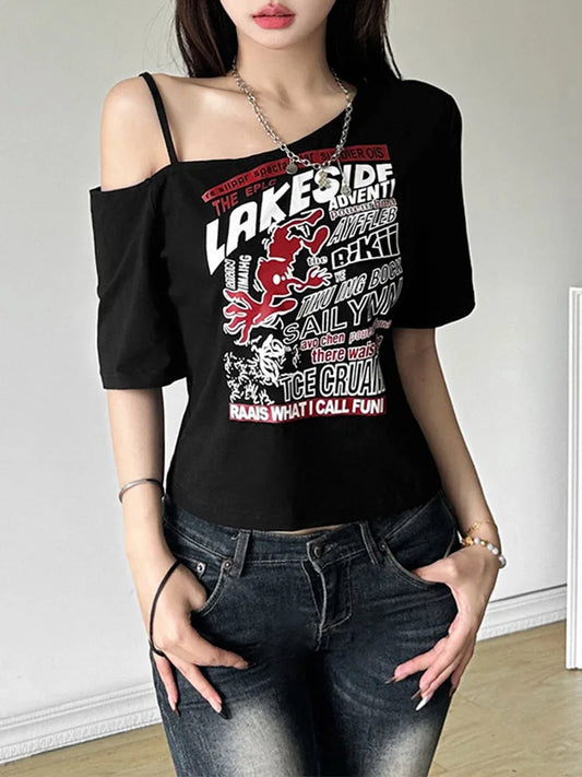 Gothic Y2K Off-Shoulder Crop Tee