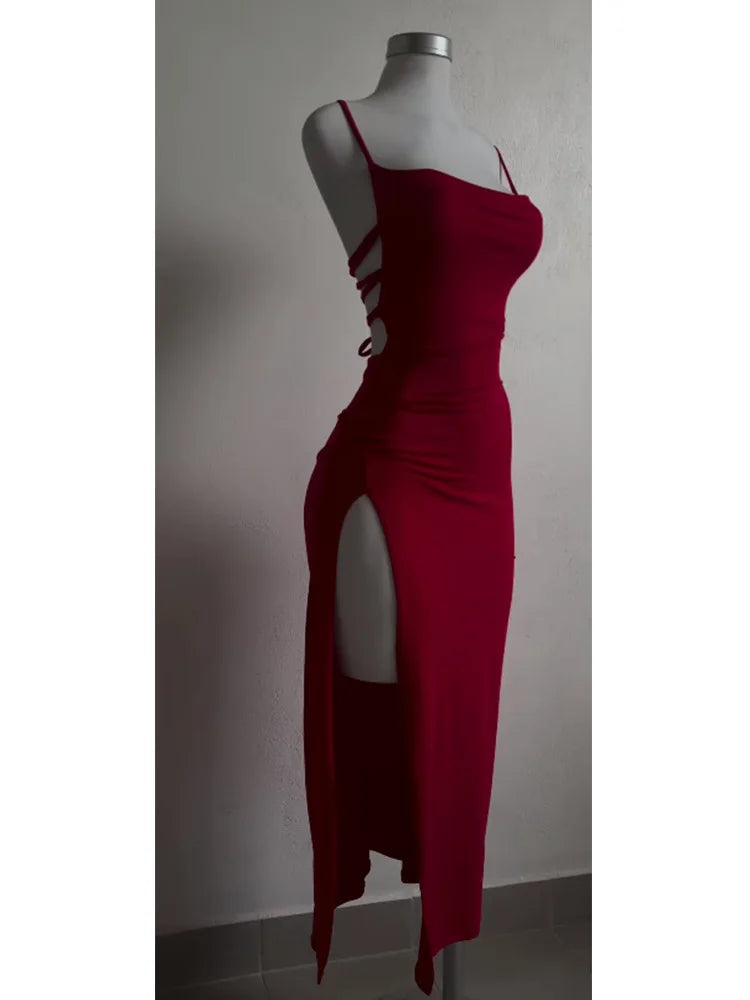 Midnight Lace-Up Backless Maxi Dress