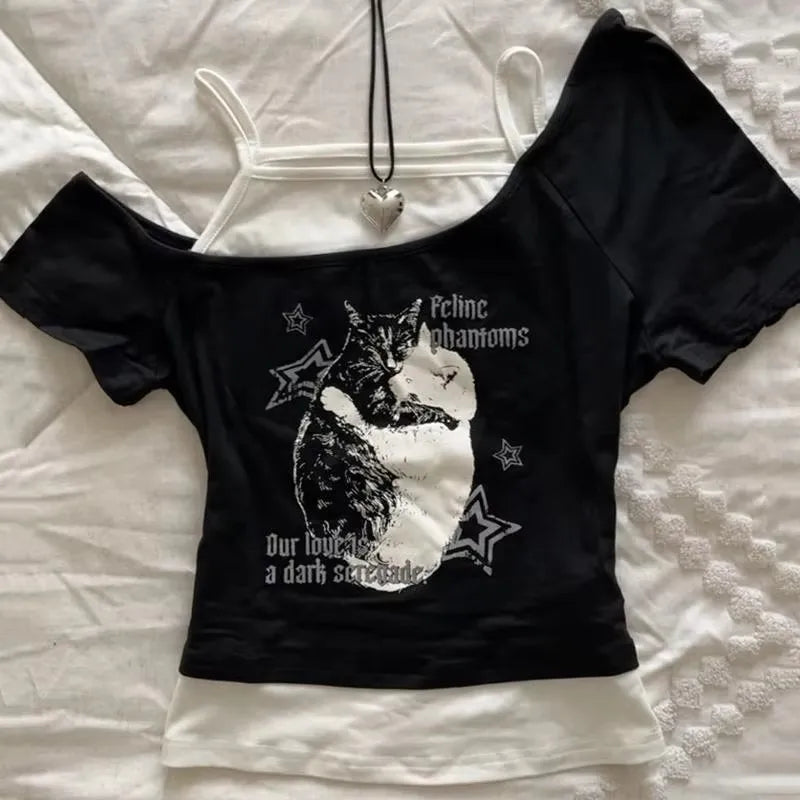 Summer new retro fake two-piece lace up vest, cartoon pattern women's short sleeved T-shirt Y2K letter T-shirt top