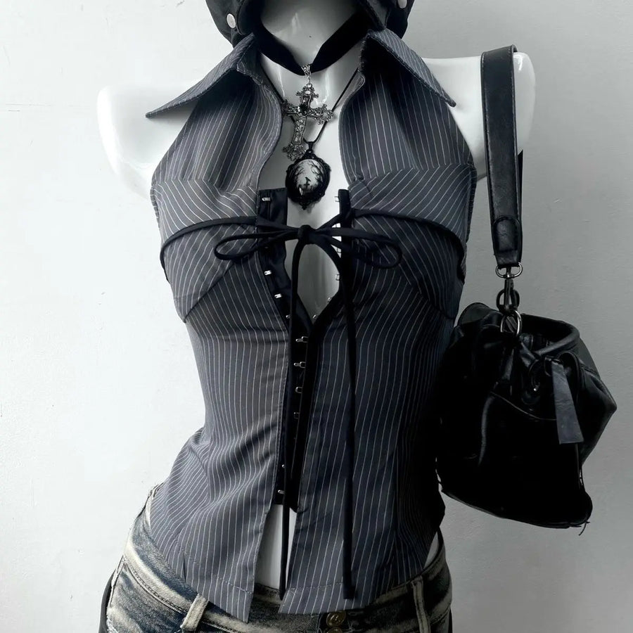 90s Goth Stripe Lace-Up Tee