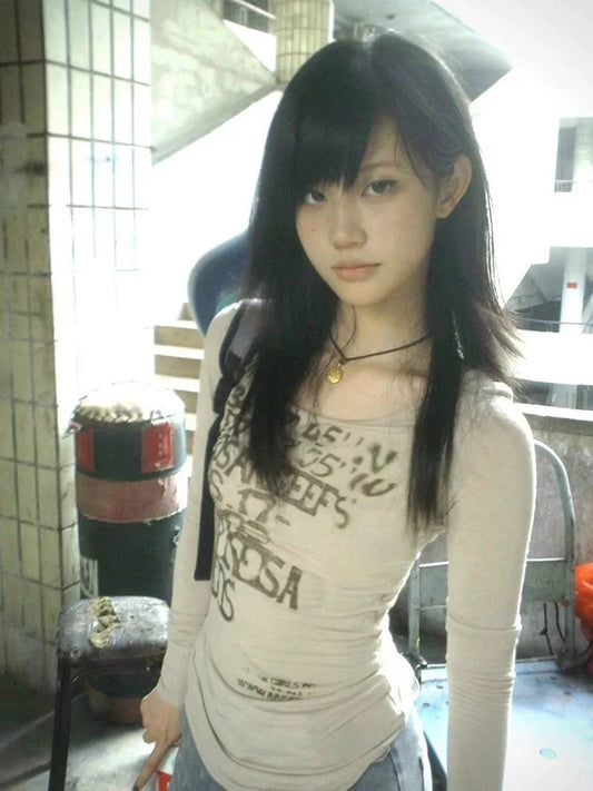 Japanese Trashy Letter Long-Sleeve Tee