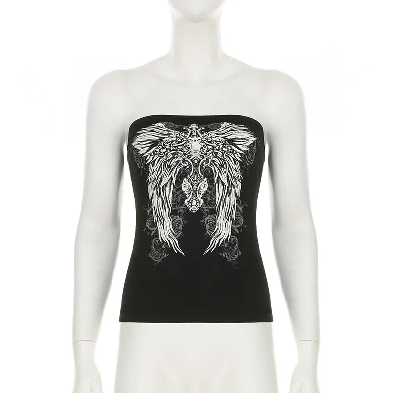 Gothic Print Black Tube Top Women Strapless Skinny Cropped Tops Summer Casual Chic Graphic Tees y2k Streetwear Vest Basic