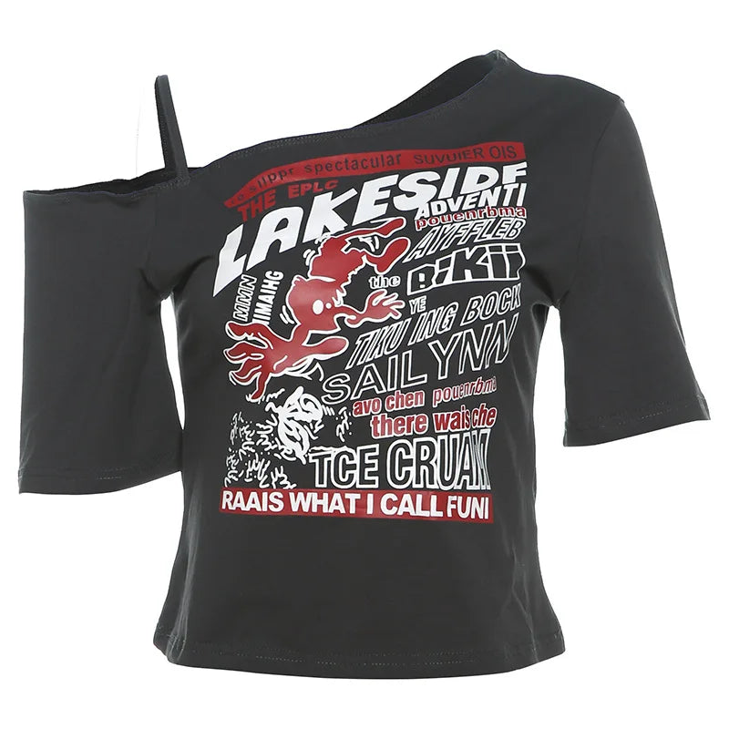 Gothic Y2K Off-Shoulder Crop Tee