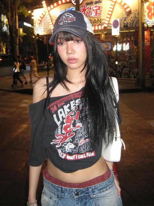 Gothic Y2K Off-Shoulder Crop Tee