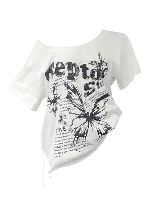 White 100% Cotton Y2k Vintage Oversize Off shoulder Short sleeve T shirt With Print Women Casual Summer Top Butterfly Tees
