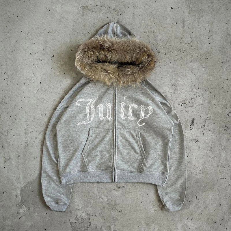 Harajuku y2k Millennial Hottie American retro fur collar piecing hoodie zipper hoodie female fall/winter hip hop zipper jacket