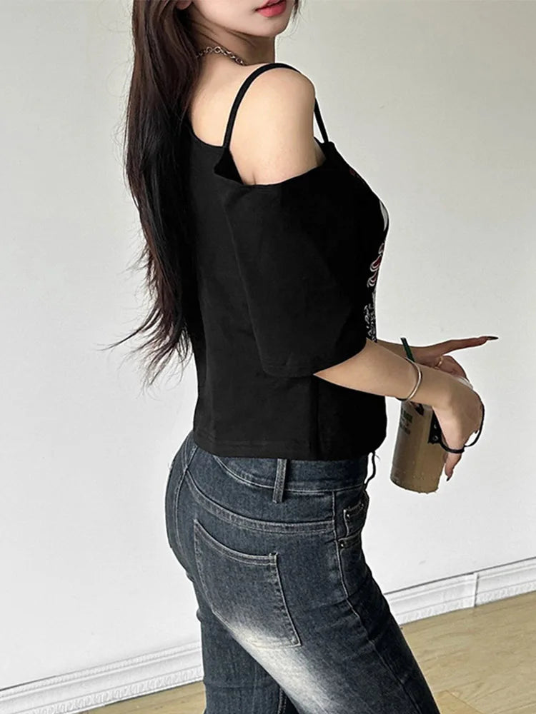 Gothic Y2K Off-Shoulder Crop Tee
