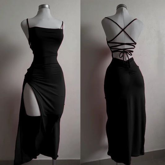Midnight Lace-Up Backless Maxi Dress
