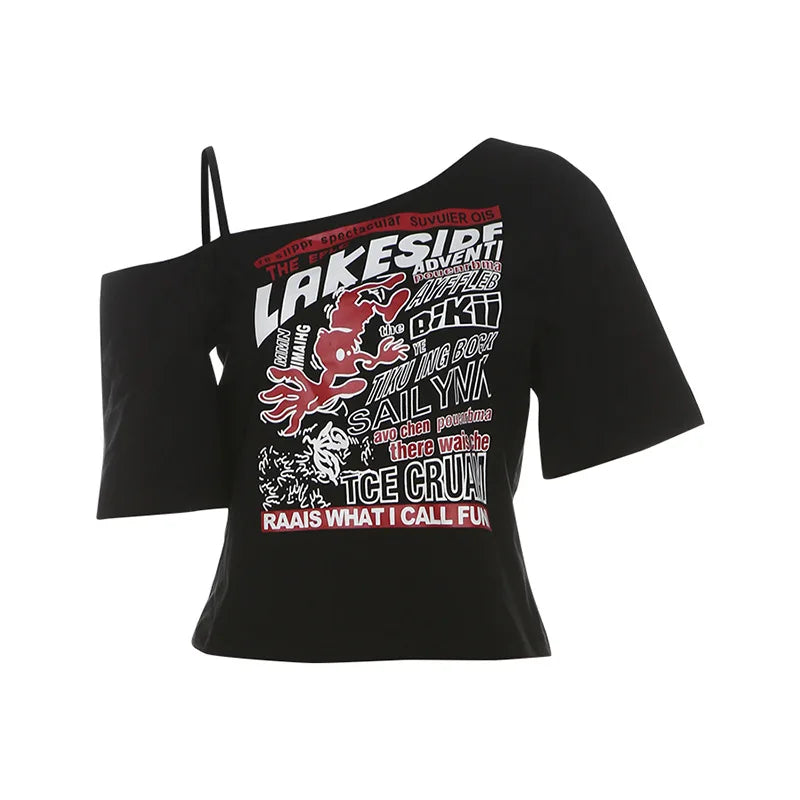 Gothic Y2K Off-Shoulder Crop Tee