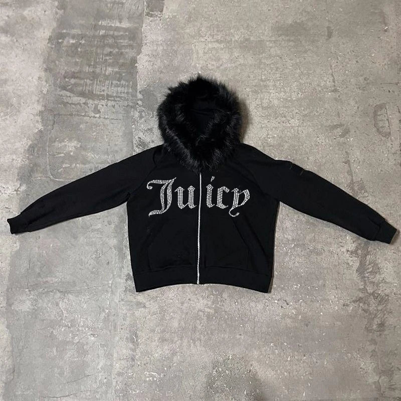 Harajuku y2k Millennial Hottie American retro fur collar piecing hoodie zipper hoodie female fall/winter hip hop zipper jacket