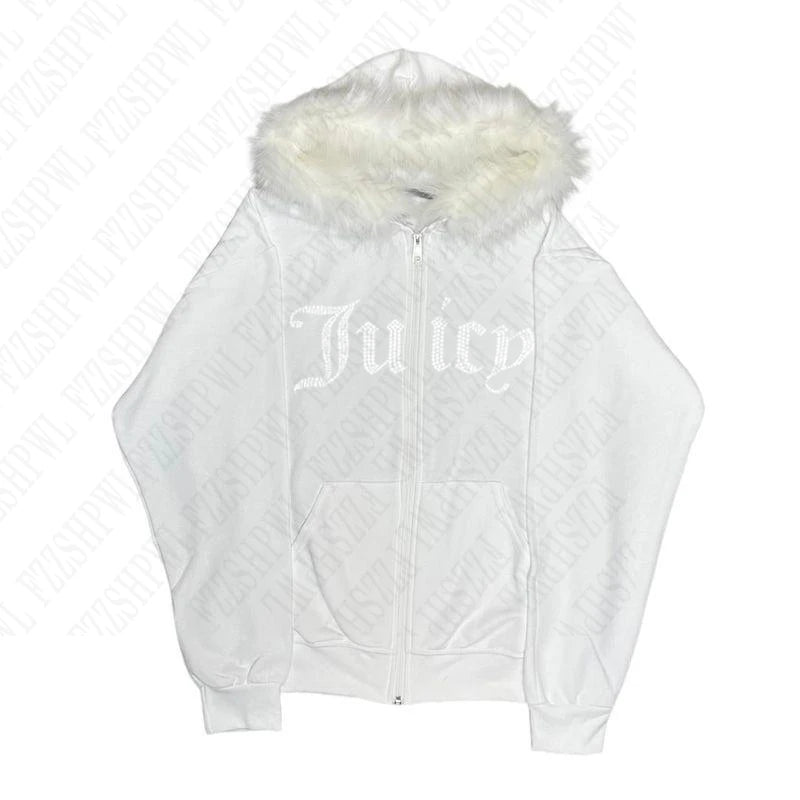 Harajuku y2k Millennial Hottie American retro fur collar piecing hoodie zipper hoodie female fall/winter hip hop zipper jacket