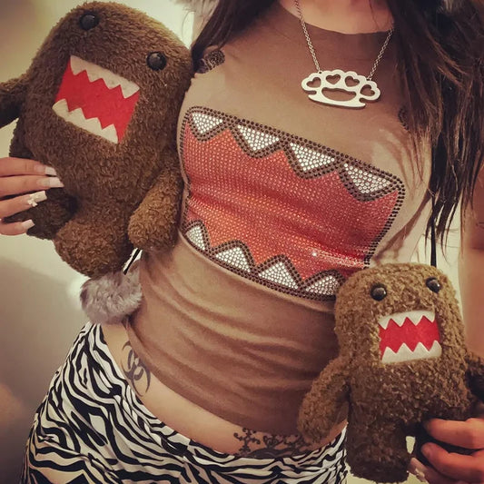 2025 summer new women Y2K Girl Retro Hot Fix Rhinestone Application Round  Neck Top T-shirt  Funny Vintage Tama Jun Top