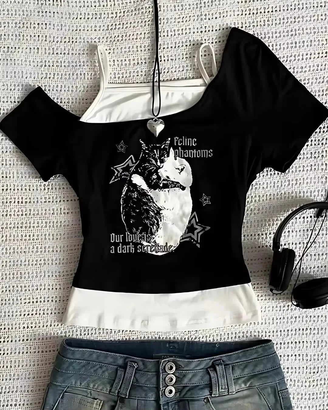 Summer new retro fake two-piece lace up vest, cartoon pattern women's short sleeved T-shirt Y2K letter T-shirt top